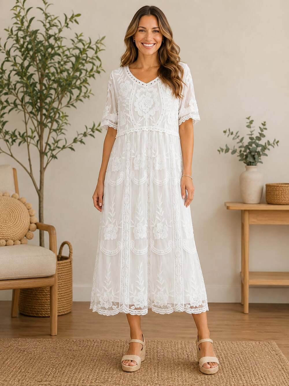 Roolee White Floral Embroidered Lace Midi Dress Romantic Boho M/L